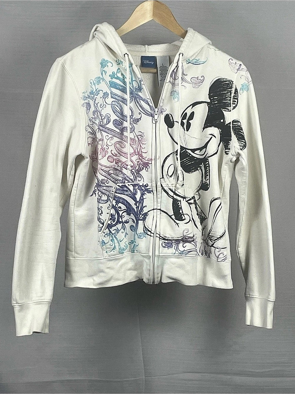 Disney White Mickey Mouse Graphic Floral Full Zip Hoodie Sz L